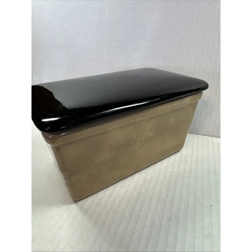 Antique Gem Clay Pottery Covered Dish trinket box black & tan neutral minimalist